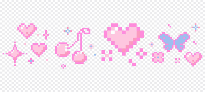 Cute pixel border nice pink pixel decoration. Y2k retro game 8 bit flower blossom, stars sparkles, butterfly, heart and cherry. Whimsical sparkling shining stars emoji,