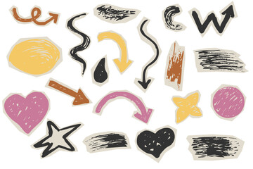 Cutout torn paper pieces geometric shapes, arrows, grunge crayon hand drawn set. Collage funky, groovy retro doodle parts, scrapbook elements, design