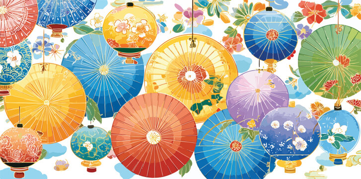 Vecteur d'ombres chinoises et de lanternes color&eacute;es d&eacute;cor&eacute;es de fleurs, style asiatique.