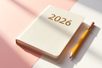 White 2026 planner beside yellow pencil on pink-white surface, minimalist setup under soft sunlight.