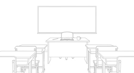 Classroom interior with desks and a whiteboard for education and learning.