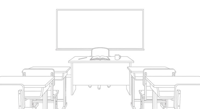 Classroom interior with desks and a whiteboard for education and learning.