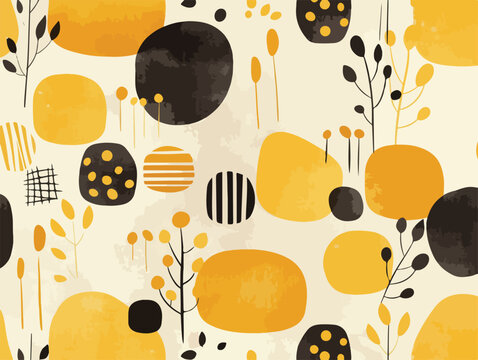Motif abstrait de formes organiques et de v&eacute;g&eacute;taux stylis&eacute;s dans des tons jaunes et noirs