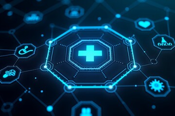 Blue digital interface radiates data streams around glowing star symbol, futuristic tech hub in deep space.