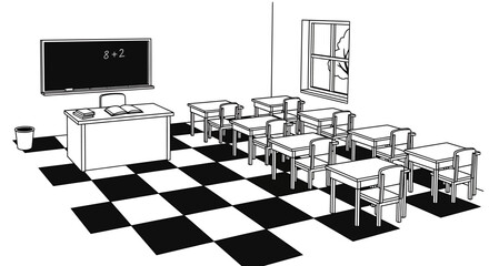 Classroom Interior with Desks, Blackboard, and Checkered Floor.