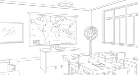 Classroom interior with world map and globe for geography education.