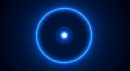 Abstract depiction of glowing blue circles and spheres on a dark blue background.