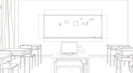Classroom scene with desks and whiteboard sketch.