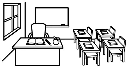 Classroom scene with teachers desk and student desks.