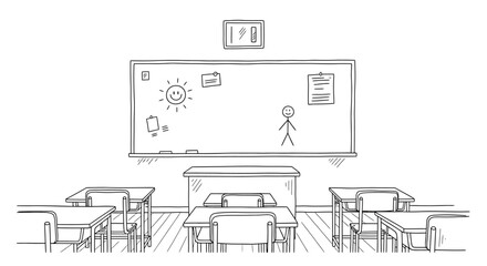 Classroom Sketch - Desks, Blackboard, and Simple Stick Figure Illustration.