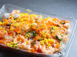 Seafood rice bowl with shrimp, salmon roe, and flying fish roe