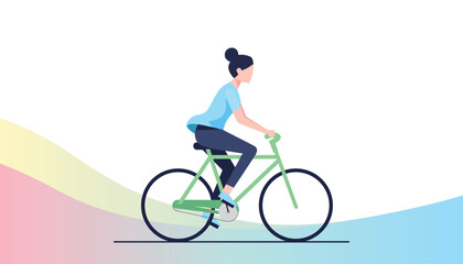 Fototapeta premium Woman riding a bicycle on a colorful background with a modern design style
