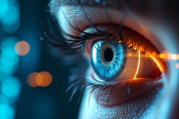 Close-up of glowing blue eye with fiery orange light streaks, futuristic cybernetic aesthetic against blurred bokeh background.