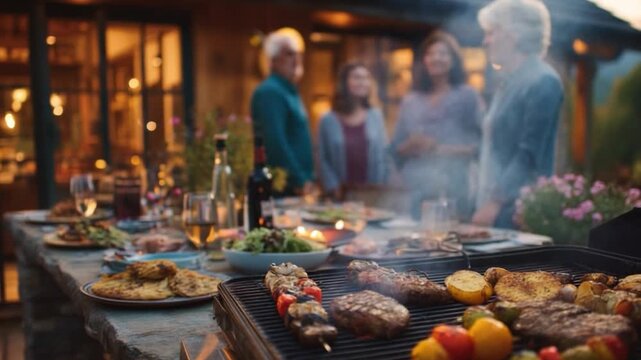 Summer feast outdoor: A gathering of a family enjoyed food on a patio with grill barbecue for celebration with warmth ambient light - Powered by Adobe