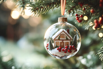 Glass Christmas ornament with a miniature house, snow, and berries, hanging on a blurred fir tree branch.