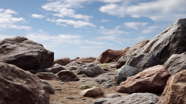 Fototapeta A serene and rugged landscape of weathered rocks and sandy terrain under a bright blue sky with scattered clouds