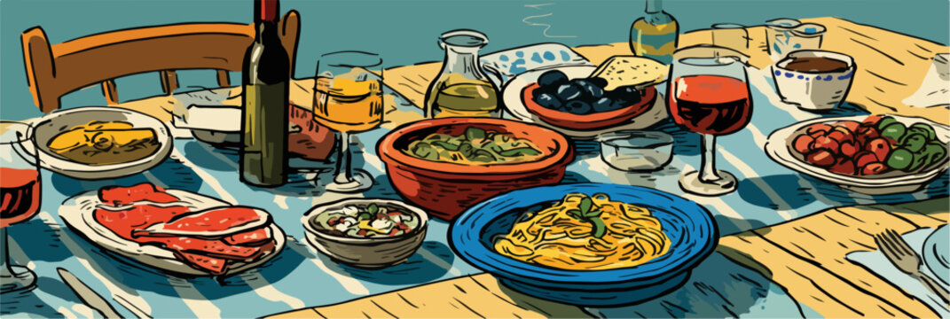 Un festin de plats vari&eacute;s sur une table dress&eacute;e, avec du vin et des olives, pr&ecirc;t &agrave; &ecirc;tre d&eacute;gust&eacute;.