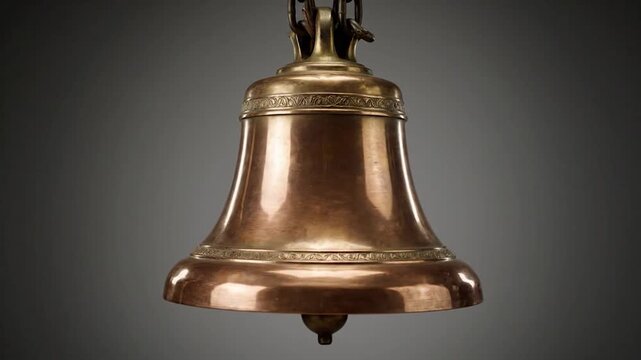 A polished, ornate bronze bell hangs suspended against a gradient grey background