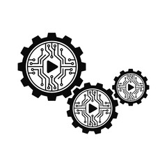 An image of three gears with chain patterns and a play icon inside. Technical gear, digital mechanism, chain gear, automation icon, system process