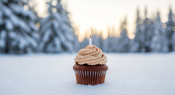 Festive cupcake with a lit candle in a snowy winter wonderland. Perfect for holiday celebrations.