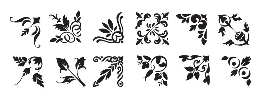 Elegant Black and White Corner Ornaments for Design Projects