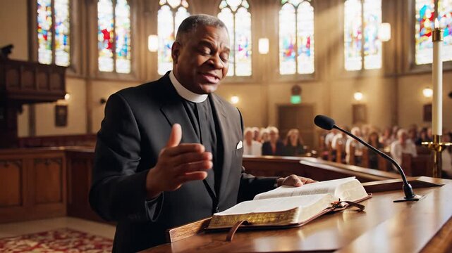 A distinguished individual delivers a sermon in a grand church, evoking a sense of solemnity and reflection.