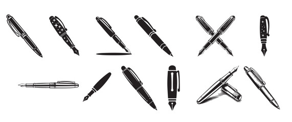 elegant fountain and ballpoint pen icon set