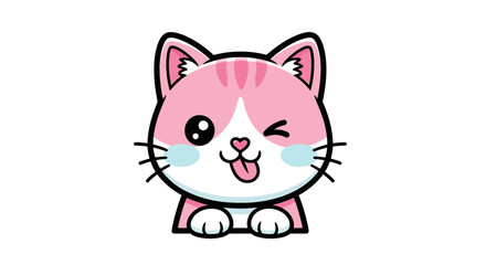 Cute pink cat winking with tongue out adorable cartoon vector illustration isolated on white background