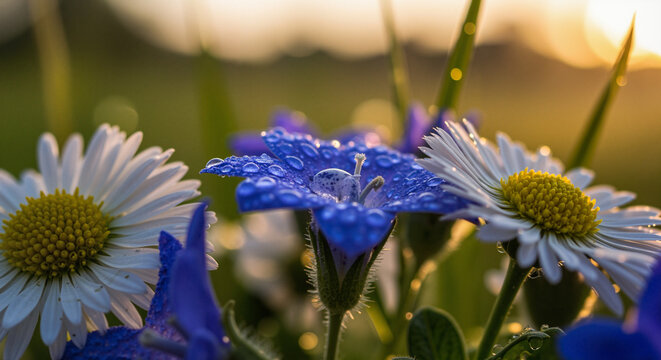 Close-up of colorful flowers with dew drops in evening sunlight
