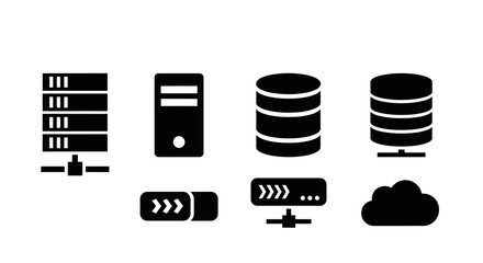 Set of server and database icons simple glyph vector design elements for cloud computing and data storage isolated on white background