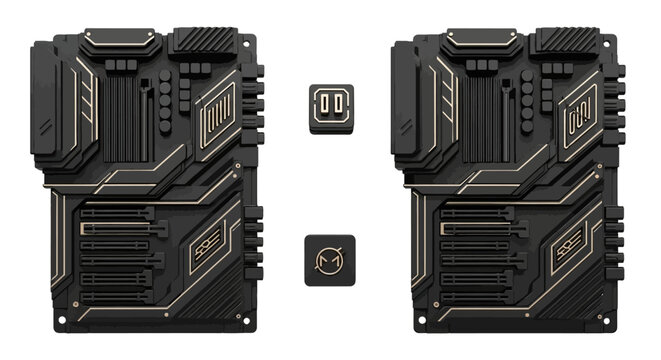 Set of futuristic control panel elements detailed vector illustration for sci-fi game design isolated on white background