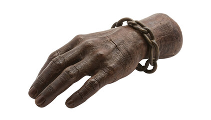 Wooden hand with metal chain symbolizing slavery, oppression, and historical injustice on isolated the transparent background