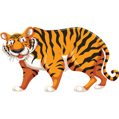 Playful Cartoon Tiger With Orange Black Stripes And White Belly Standing On Transparent Background With Big Eyes And Smiling Mouth Showing Teeth