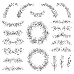 Obraz premium Collection of floral wreath and branch illustrations isolated on a set of delicate vector graphics for wedding invitations and botanical designs