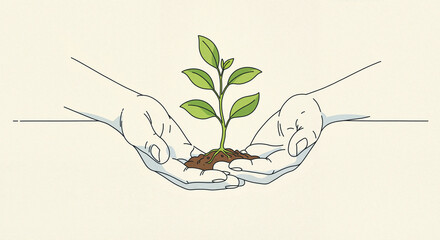 Hands holding young plant with roots on beige background  