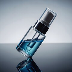 Elegant skincare serum in clear glass bottle reflects on glossy surface for beauty product ads