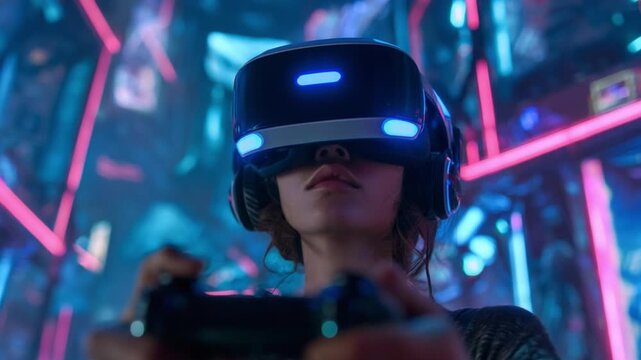 Immersive Gaming Experience: A young person fully immersed in virtual reality, navigating a game world with a controller, surrounded by a vibrant and futuristic digital environment. - Powered by Adobe