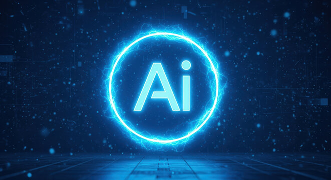 Artificial Intelligence A Luminous Ai Symbol Encased in a Ring of Electric Energy Against a Dark Blue Grid Background Representing Innovation and Technology - Powered by Adobe