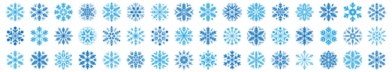 Detailed blue snowflake icons collection featuring unique geometric designs for winter and holiday season