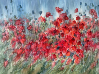 Red poppies field in the rain abstract watercolor background