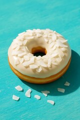 White-glazed coconut donut on a bright turquoise beach-style background with soft sunlight, gentle shadows, and fresh tropical summer mood.
