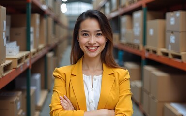 Happy woman, portrait and small business professional in logistics, supply chain or fashion boutique. Confident female person smile with arms crossed in management, distribution and boxes at store