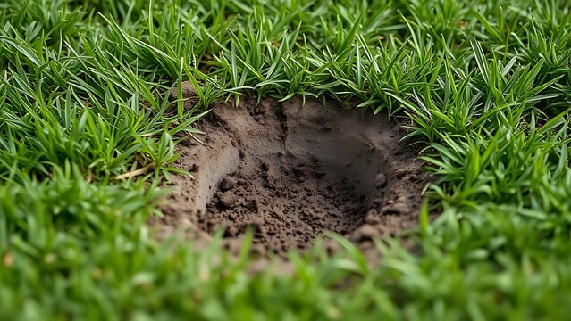 spodumene. Small depression in lawn with scattered soil fragments and textured ground. real-estate listings, architecture portfolios, designed for real-estate listing and luxury residence showcases.
