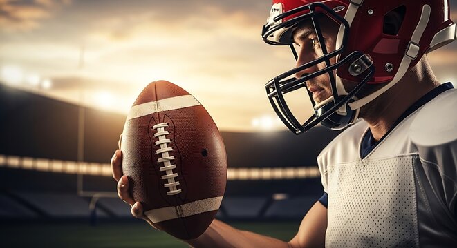 American football player in helmet holding ball on stadium field at sunset - Powered by Adobe