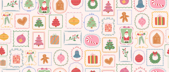 A Christmas pattern with frames, Santa Claus, a Christmas tree, a gift, a Christmas bauble, and a gingerbread man. A festive seamless design for wallpaper, packaging, and textiles.