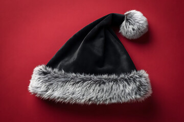 Black santa hat with faux fur trim and pom pom on red background