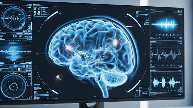 A computer monitor displays a detailed scan of a brain with diagnostic readouts