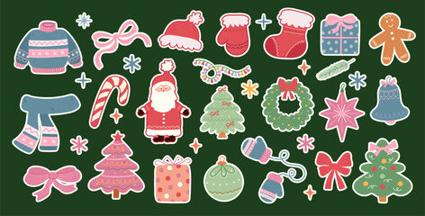 A collection of hand-drawn Christmas and New Year stickers. A cute set of festive winter elements for greeting cards and decor.