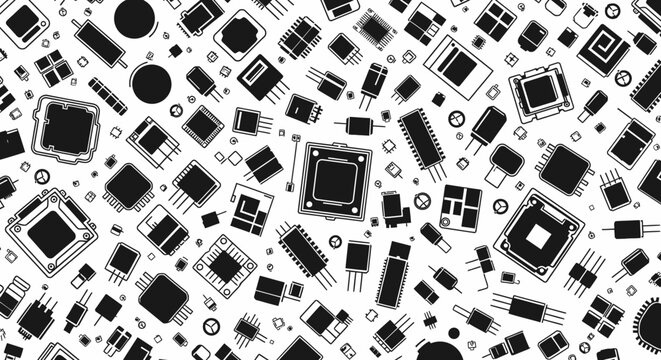 Seamless pattern of electronic components vector illustration of various surface mount devices isolated on white background
