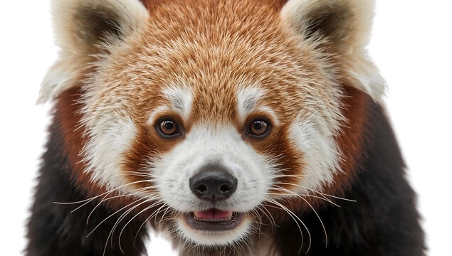 Closeup portrait of a red panda face isolated on the transparent background with detailed fur, whiskers, and expressive eyes